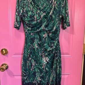 Boden Elbow sleeve. Forest Green and White Patterned Midi Dress